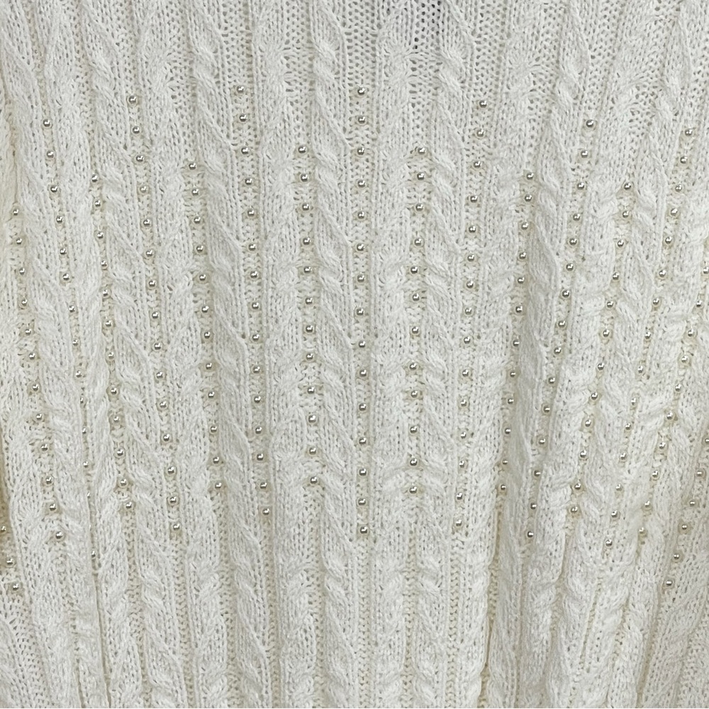 Retrology  cream cable- knit crew neck sweater with pearl embellishments. - Picture 2 of 14